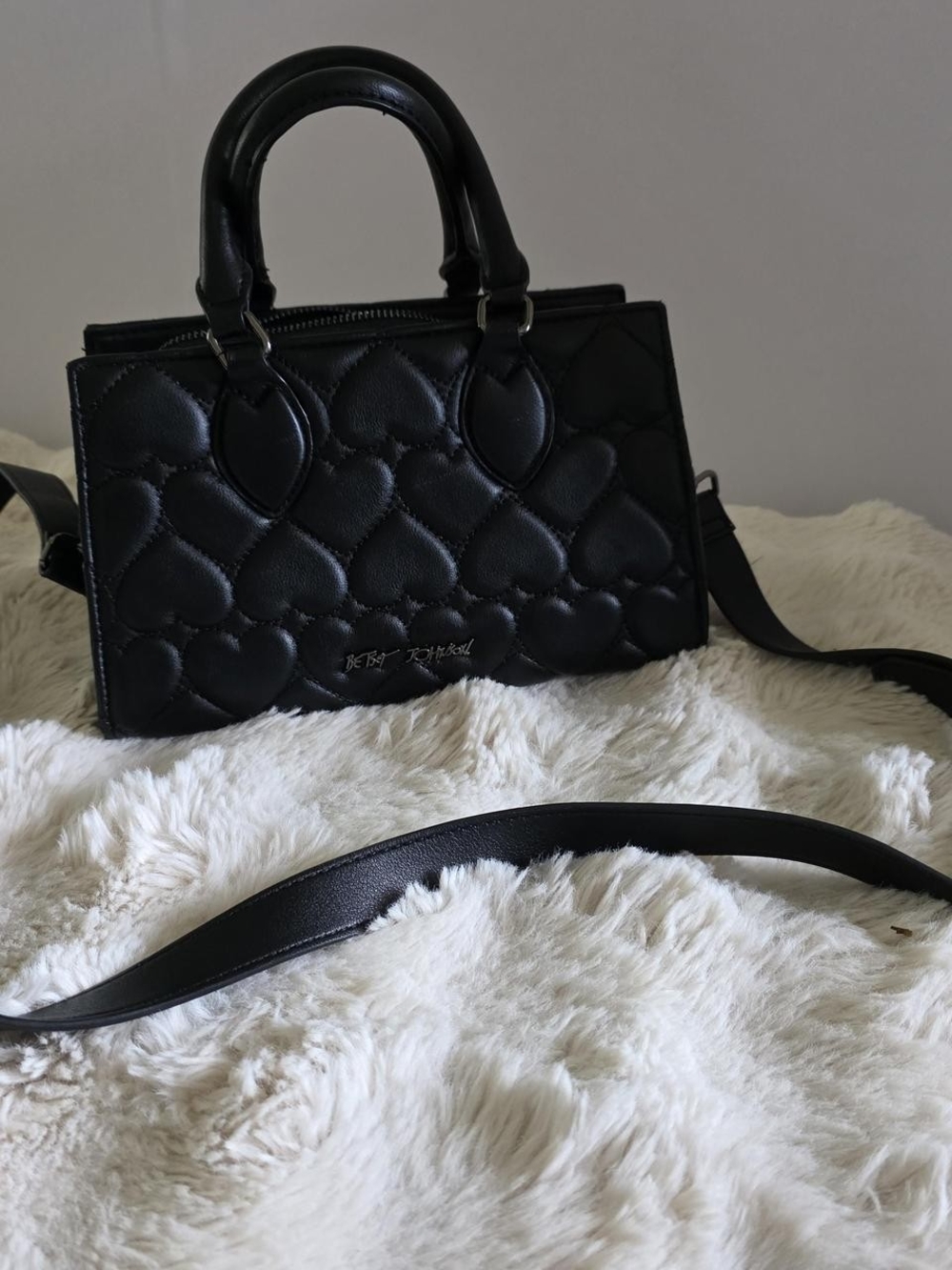 Betsey Johnson Quilted Heart-Pattern Black Leather Satchel Crossbody